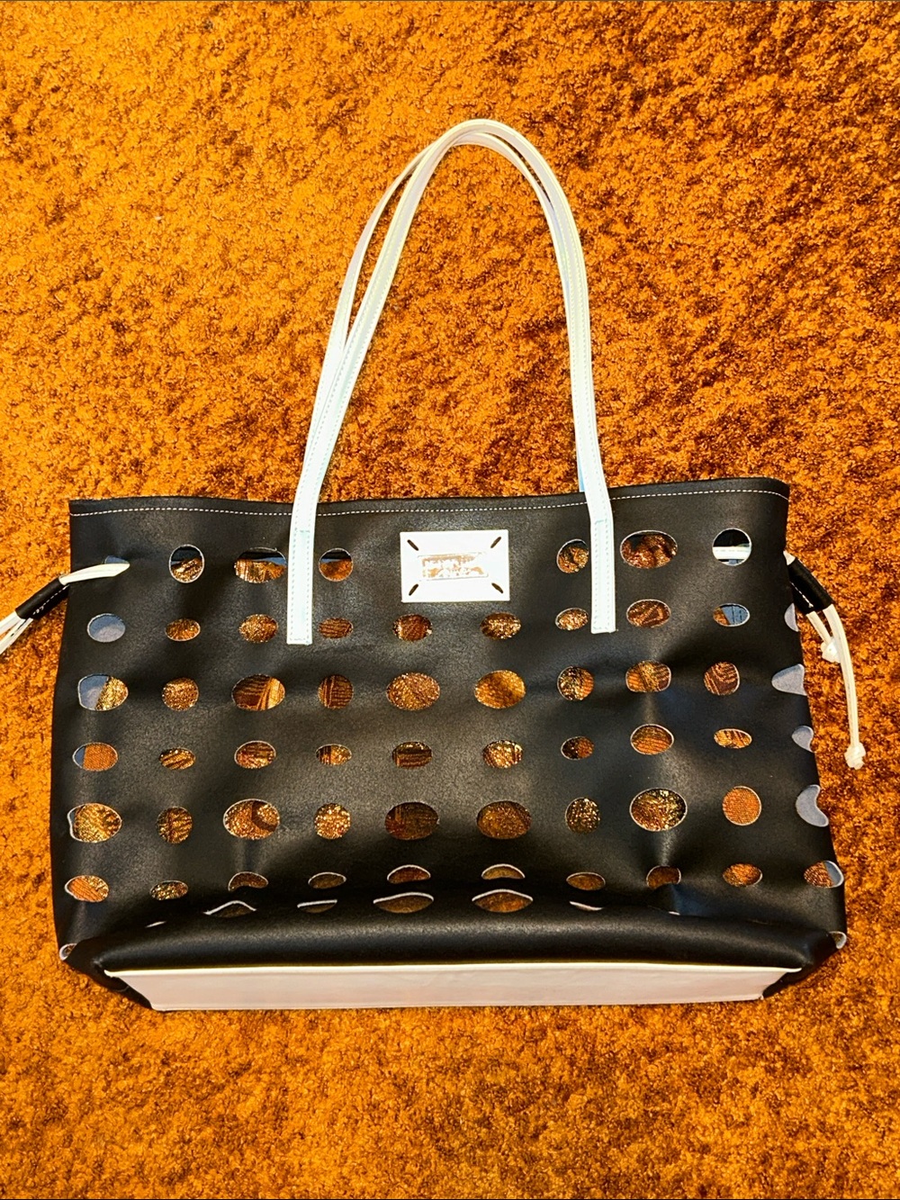 Renato Angi Black Tote with White Handles and Metallic Interior